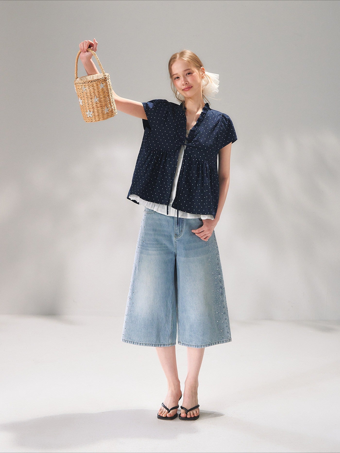 Ruffled Trim Polka Dot Layered Blouse