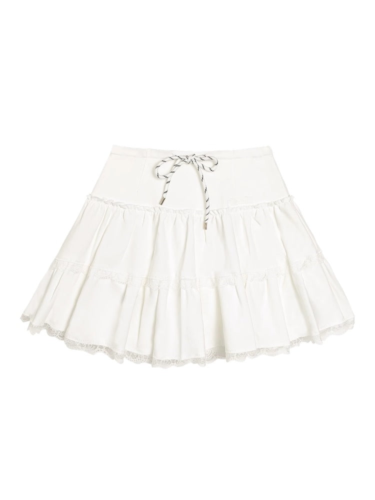 AsGony High-waisted Drawstring Lace-spliced Tiered Skirt