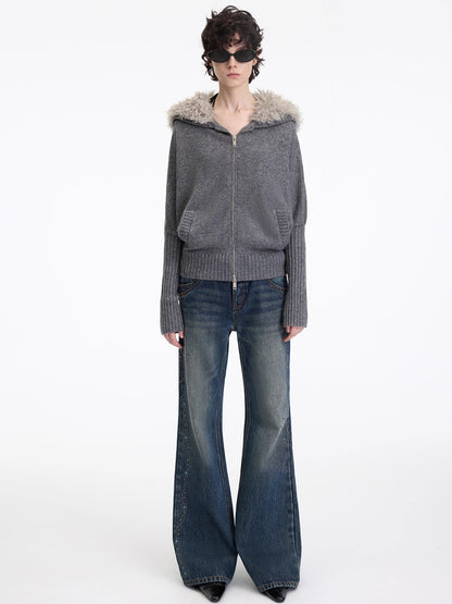 Wool-Blend Hooded Faux Fur Collar Knit Jacket