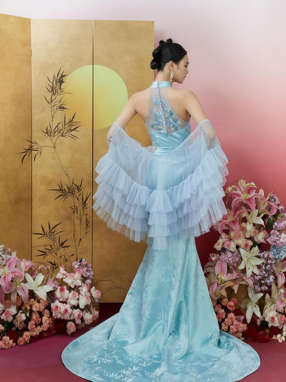 Aqua Jade Embroidered Halterneck Mermaid Gown with Tiered Tulle Shawl