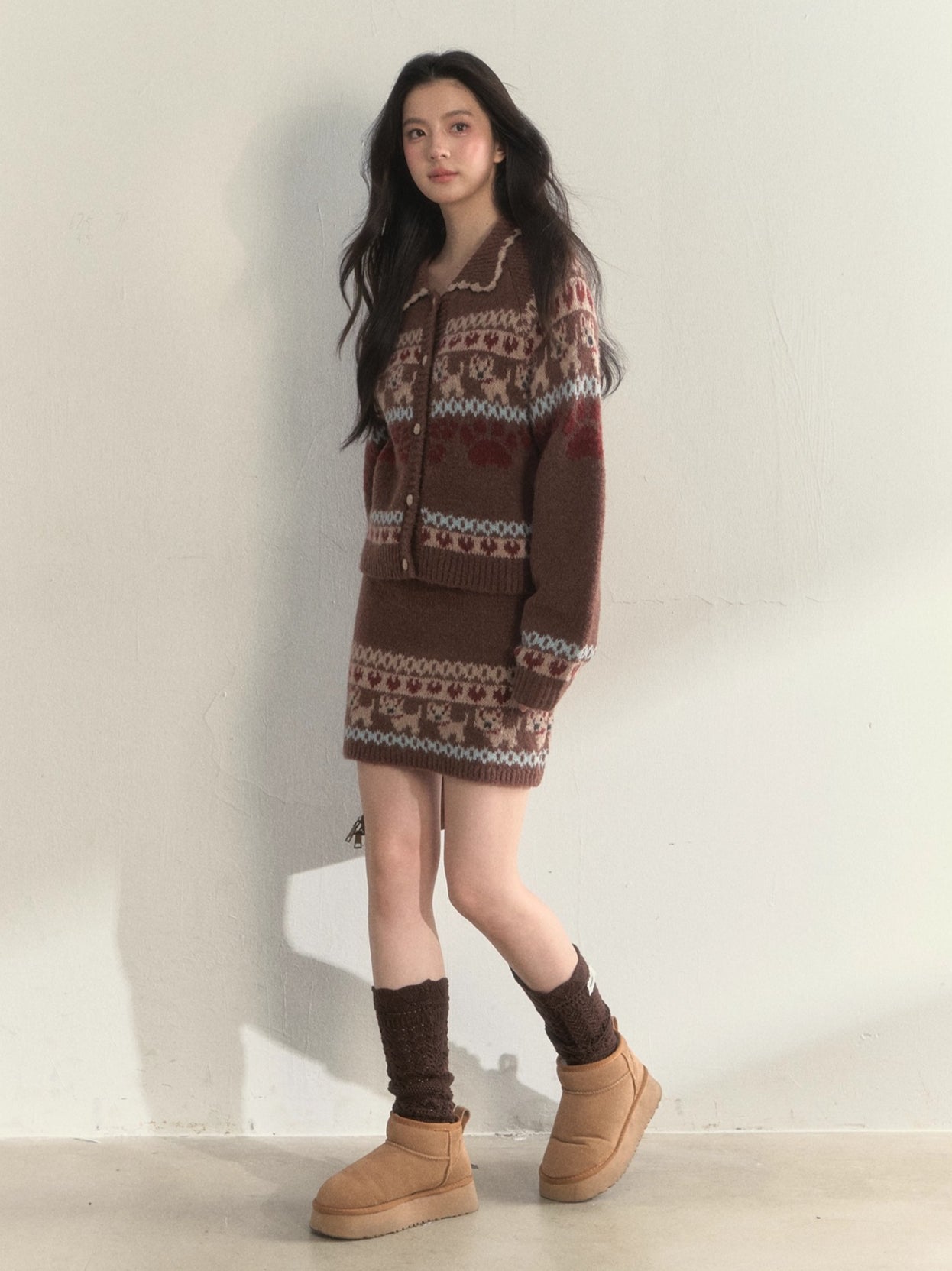 “Puppy Fair Isle” Vintage Knit Cardigan &amp; Skirt Set