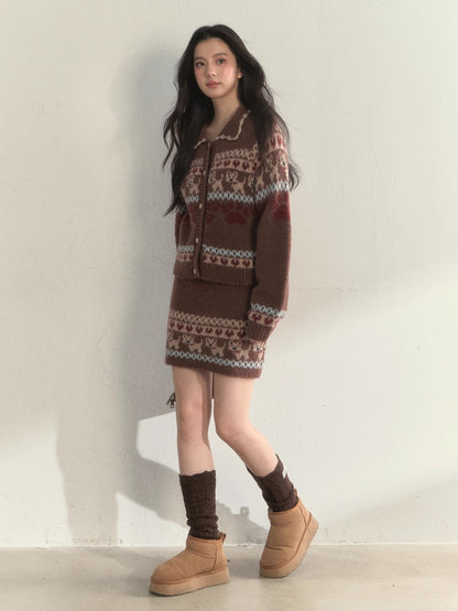 “Puppy Fair Isle” Vintage Knit Cardigan &amp; Skirt Set