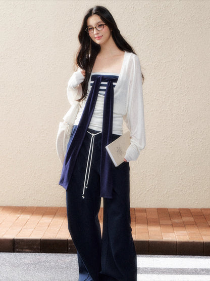 Striped Corset Tube Top &amp; Sheer Pullpver Set - CHINASQUAD
