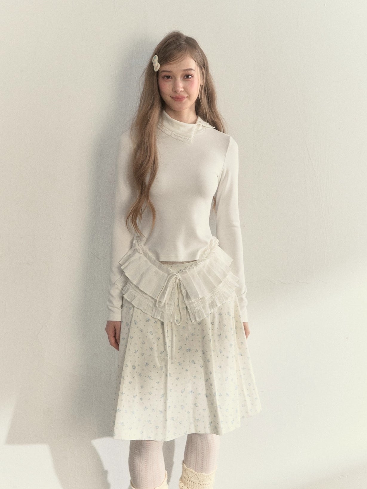 Layered Pleated Mock-Neck Knit T-Shirt