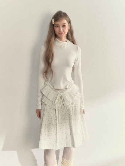 Layered Pleated Mock-Neck Knit T-Shirt