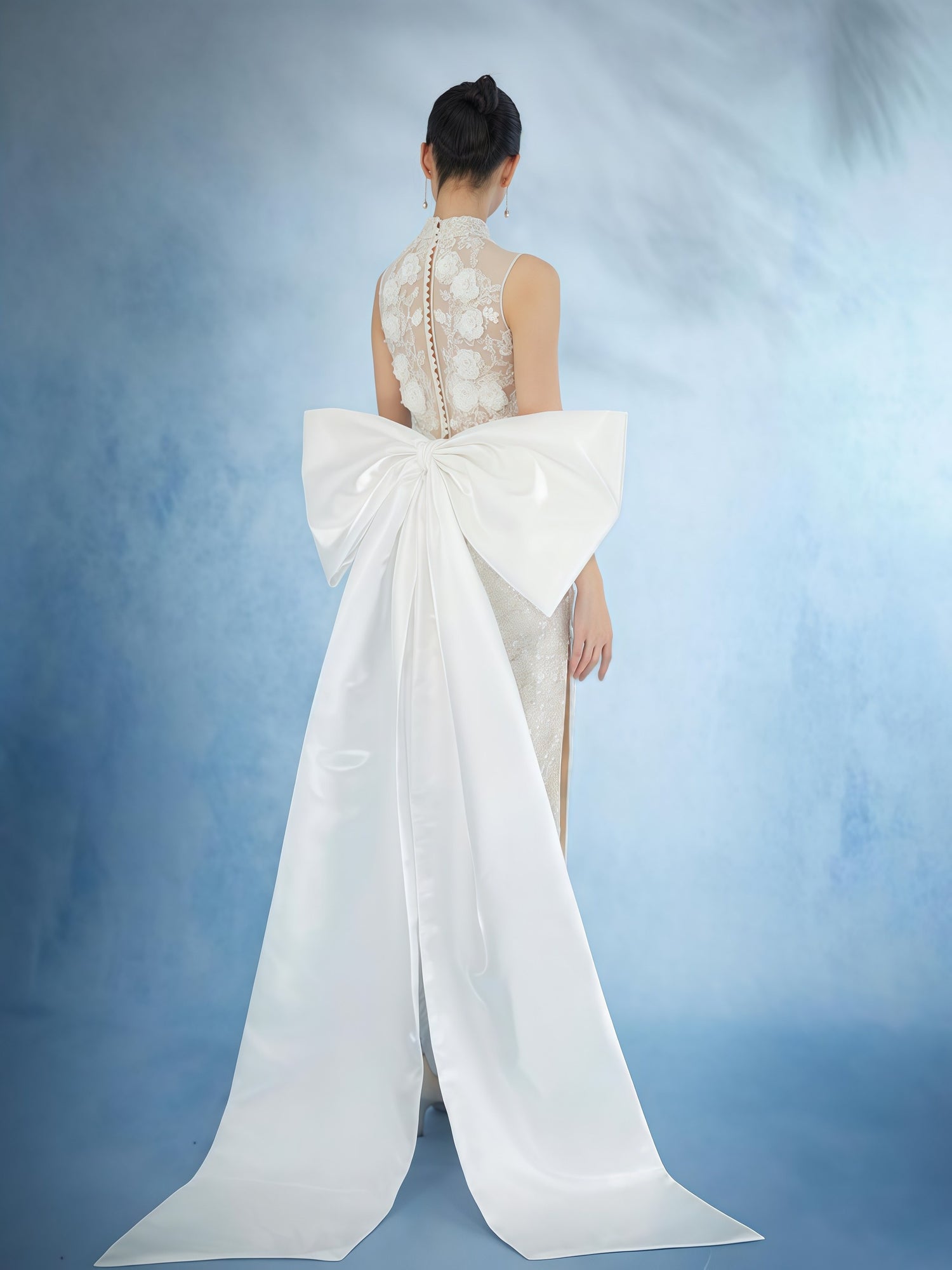 Ivory Embroidered Mandarin Collar Gown with Detachable Bow Train