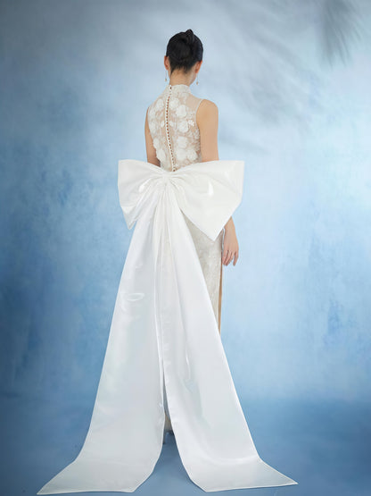Ivory Embroidered Mandarin Collar Gown with Detachable Bow Train