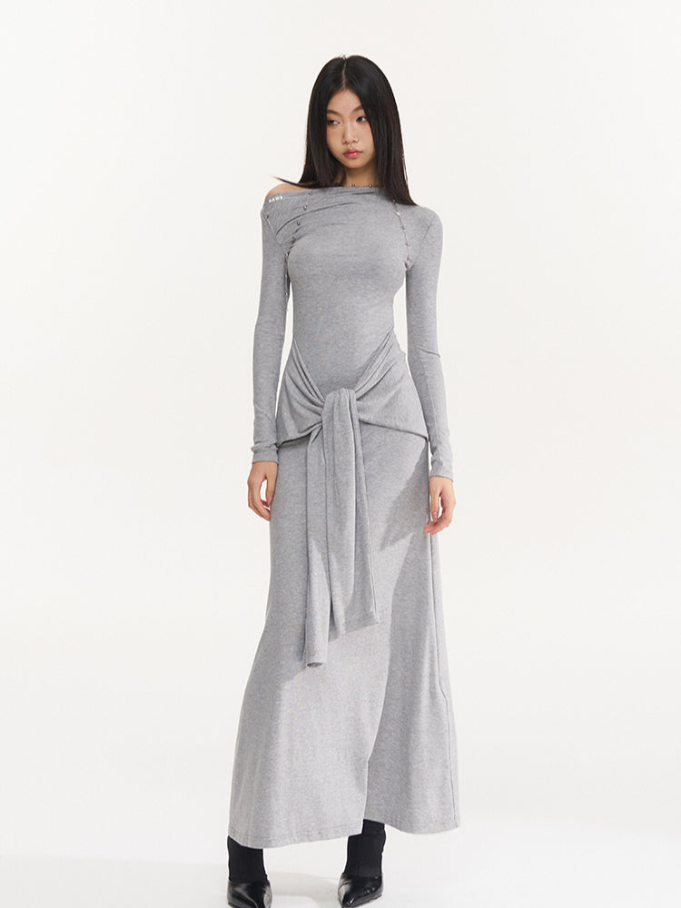 Black &amp; Gray Asymmetric Tie-Waist Slim Dress