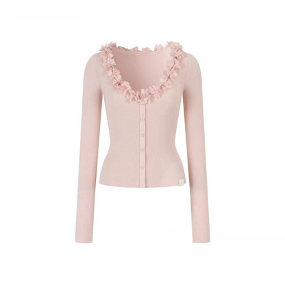 V-Neck Lace-Trim Fitted Knit Cardigan