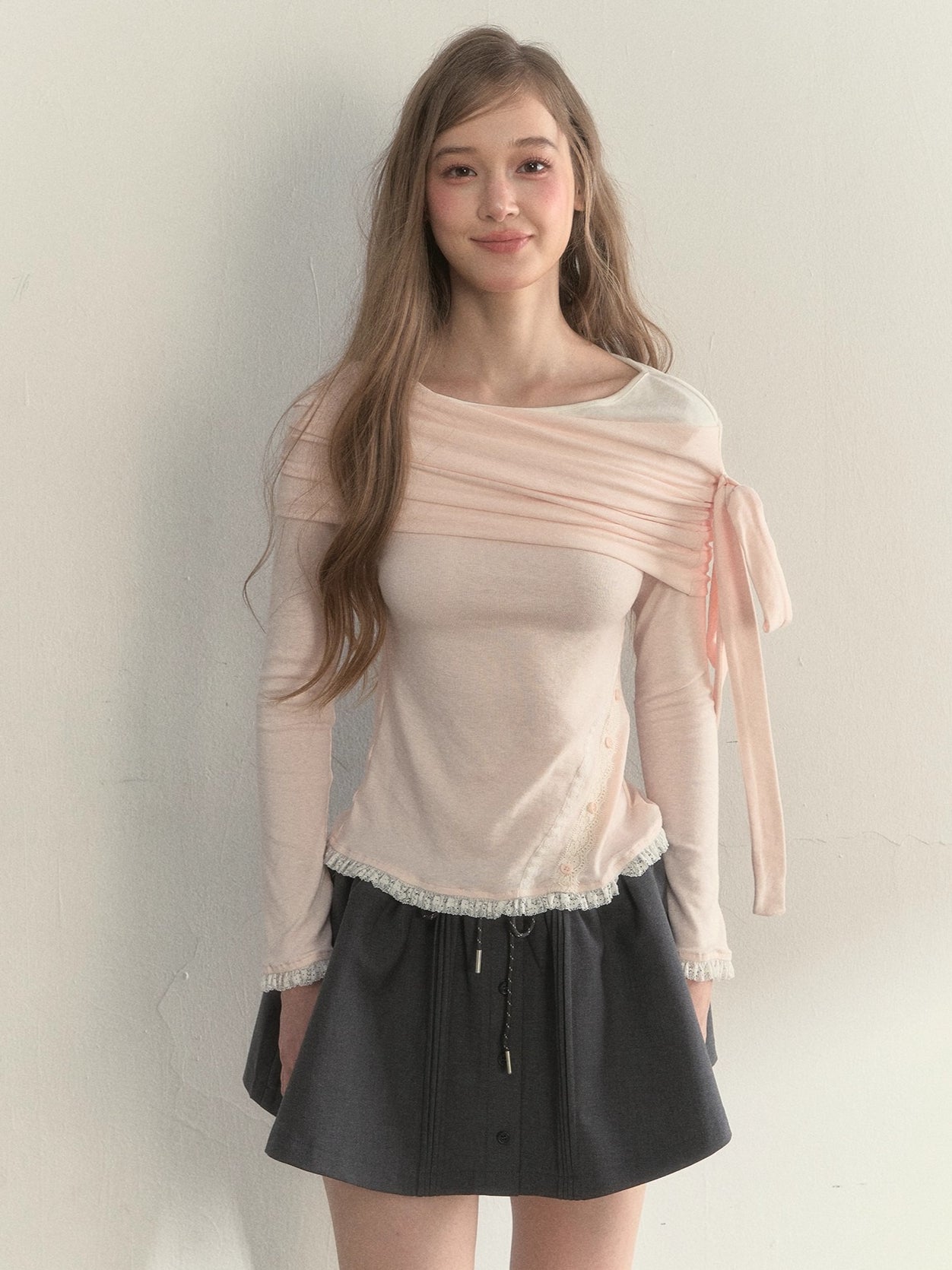 Asymmetric Off-Shoulder Bow-Tie Knit T-Shirt