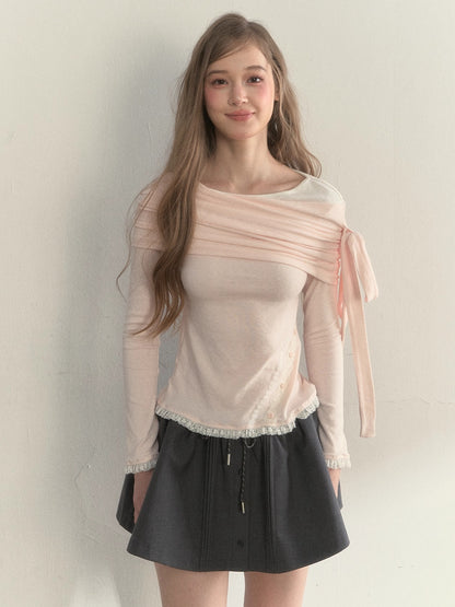 Asymmetric Off-Shoulder Bow-Tie Knit T-Shirt