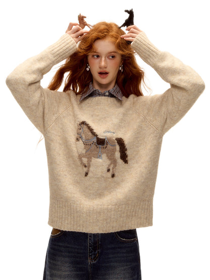 Wool Blend Horse Jacquard Embroidered Sweater