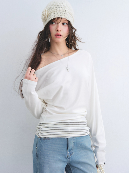 Asymmetric Batwing Sleeve Striped Tie-Hem Long Sleeve Top