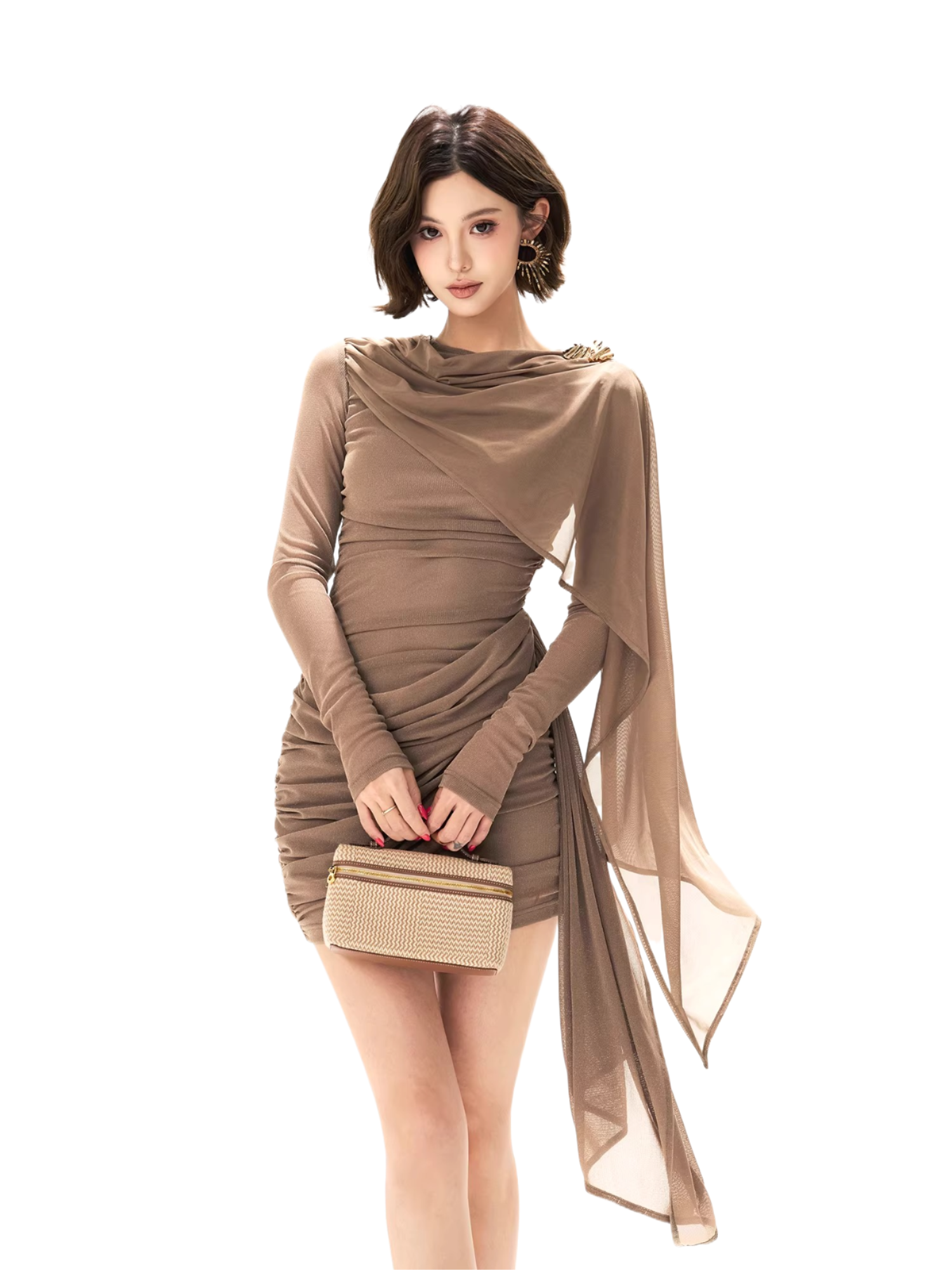 Mesh Shawl Ruched Knit Bodycon Dress