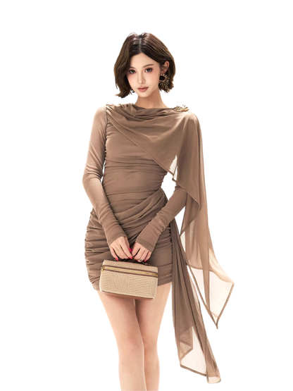Mesh Shawl Ruched Knit Bodycon Dress