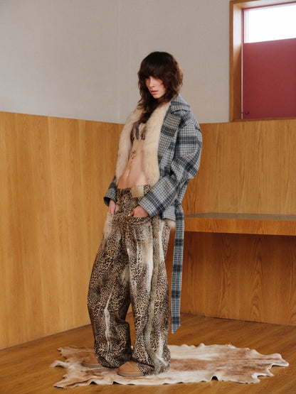 Patchwork Rabbit Fur Leopard Wide-Leg Pants