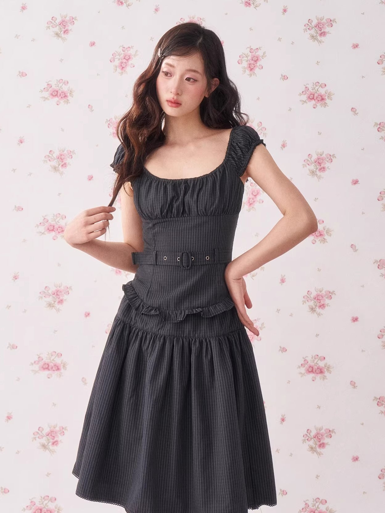 Vintage Floral Waist-Cinching Two-Piece Skirt Set