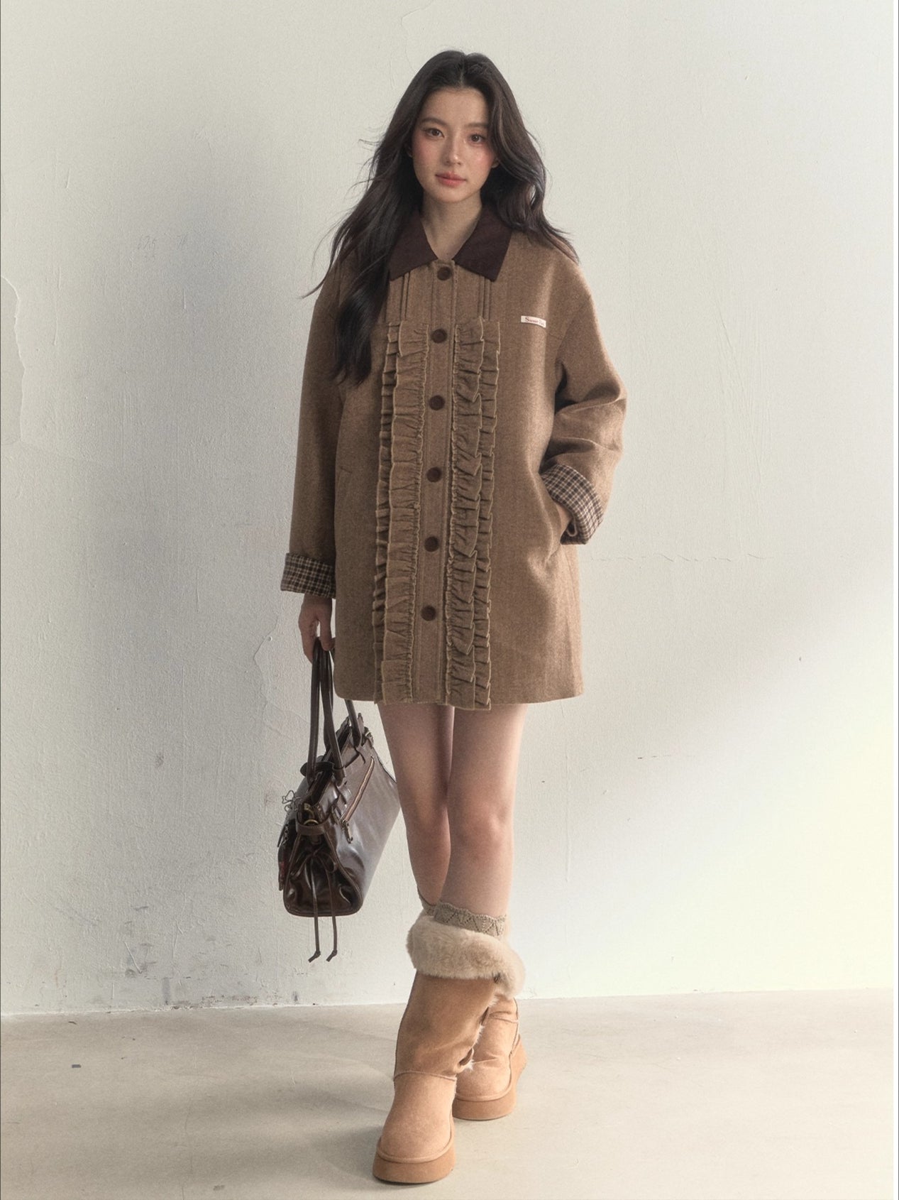Vintage Khaki Wool Blend Ruffle-Trim Coat