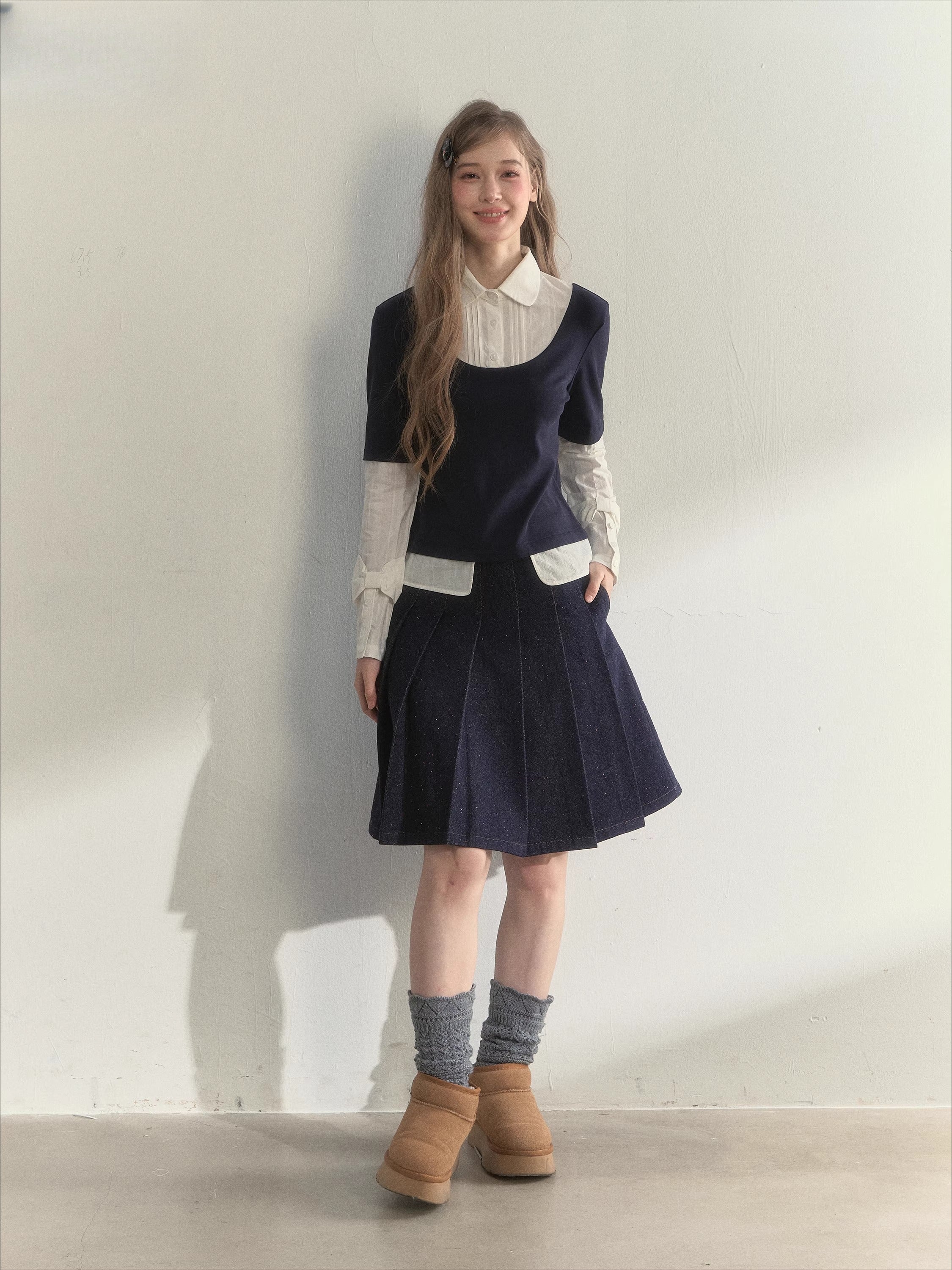 Navy Layered Long-Sleeve Knit Shirt