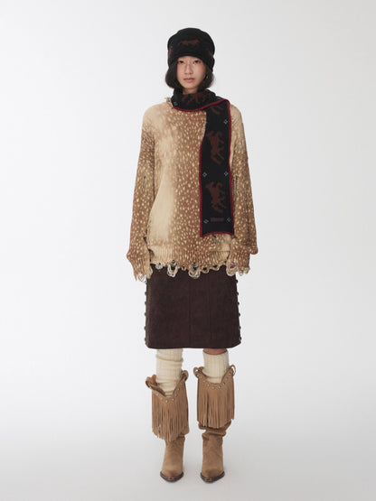 Vintage Deer Print Distressed Knit Sweater