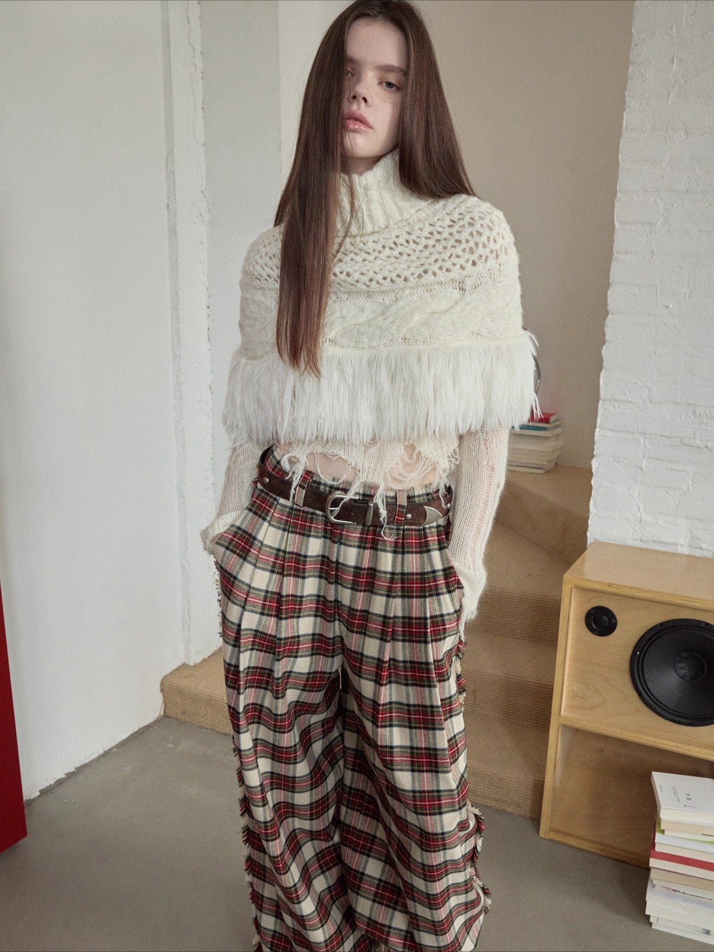 Cable Knit Fringed High-Neck Wool Blend Poncho