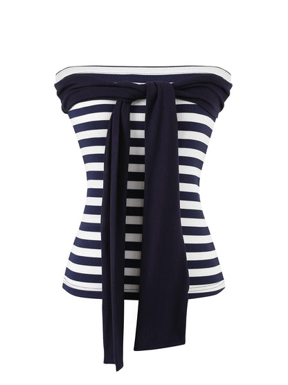 Striped Corset Tube Top &amp; Sheer Pullpver Set - CHINASQUAD