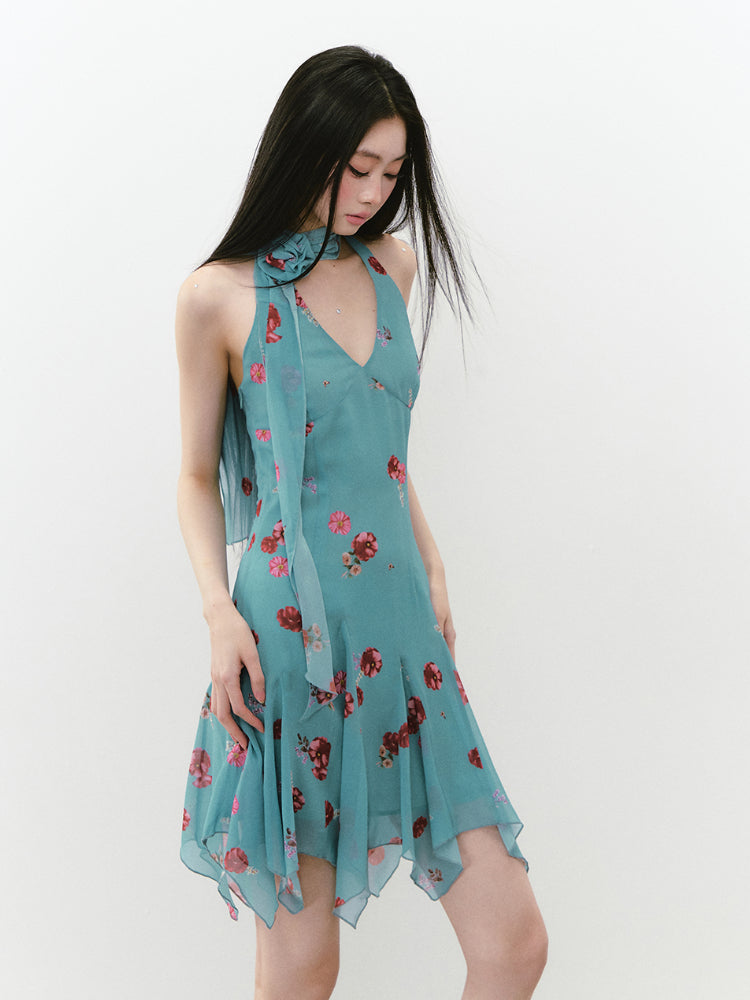 Blue Halter Printed Dress