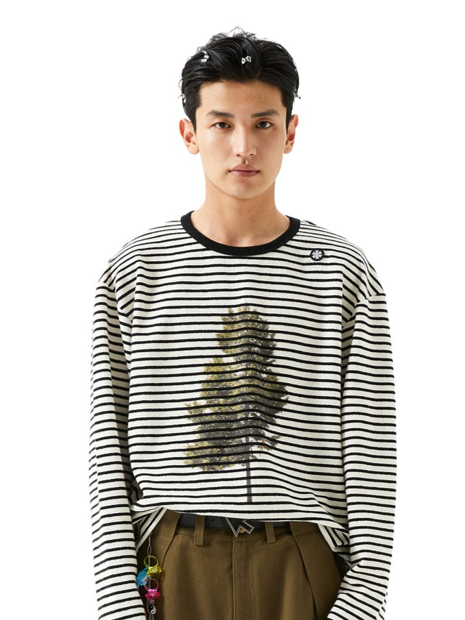 Printed Loose Striped Terry Long-Sleeve T-Shirt