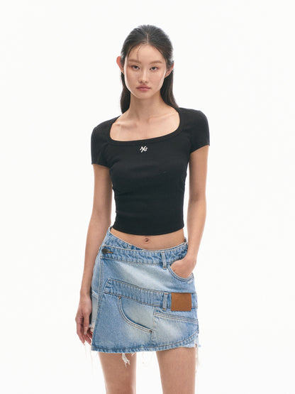 Ice Silk Ribbed Waist Cinching Round Corner T-Shirt