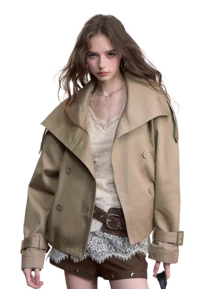 Stand-Collar Pleated Trench Jacket