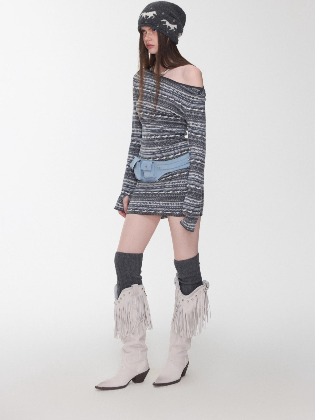 Fair Isle Off-Shoulder Jacquard Knit Dress