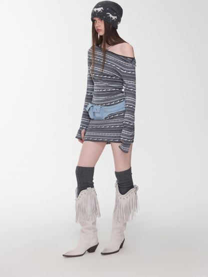 Fair Isle Off-Shoulder Jacquard Knit Dress