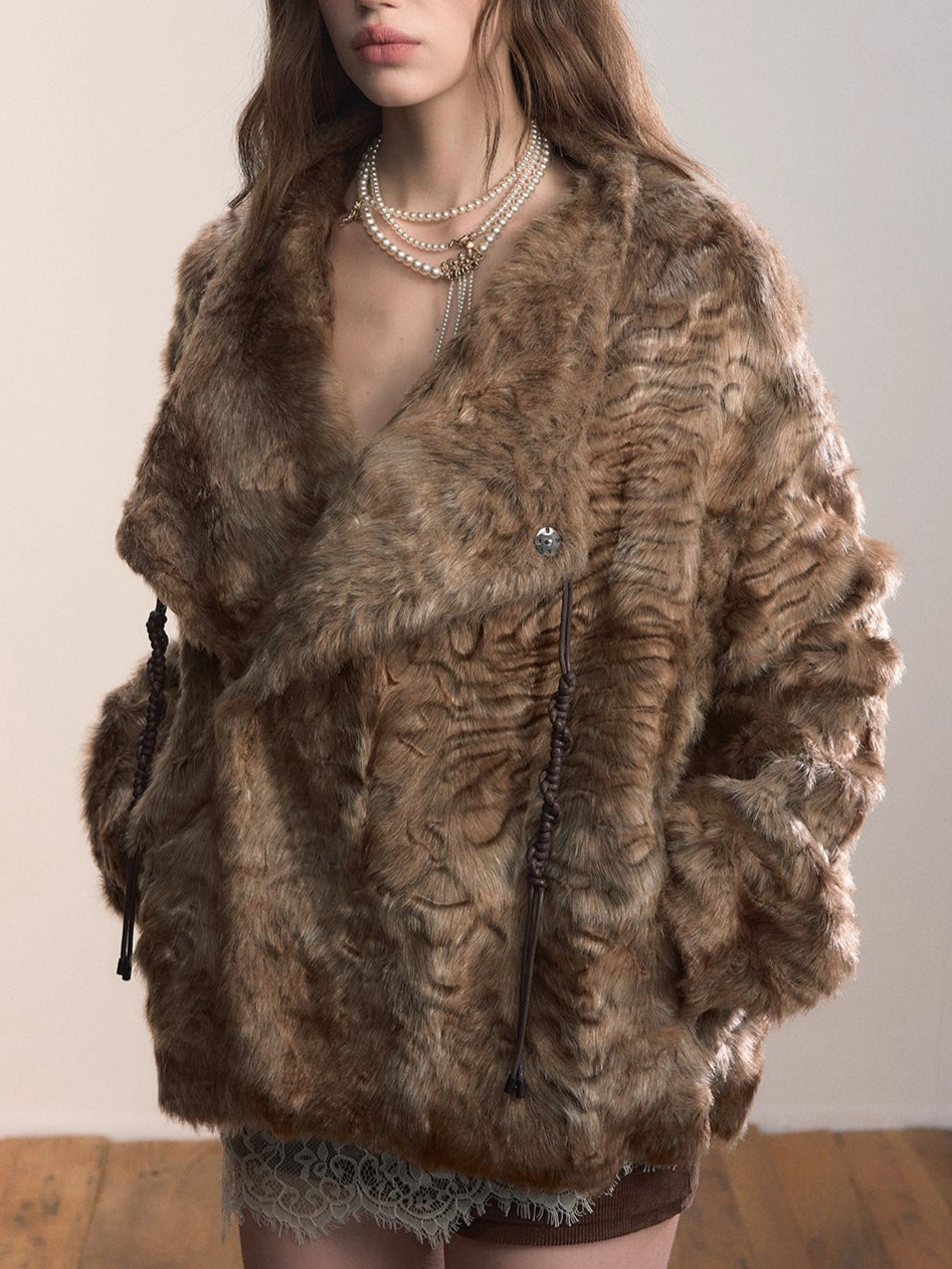 Textured Faux Fur Oversized Lapel Jacket