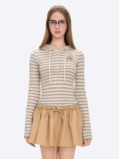 Striped Bear Button Hoodie Tee