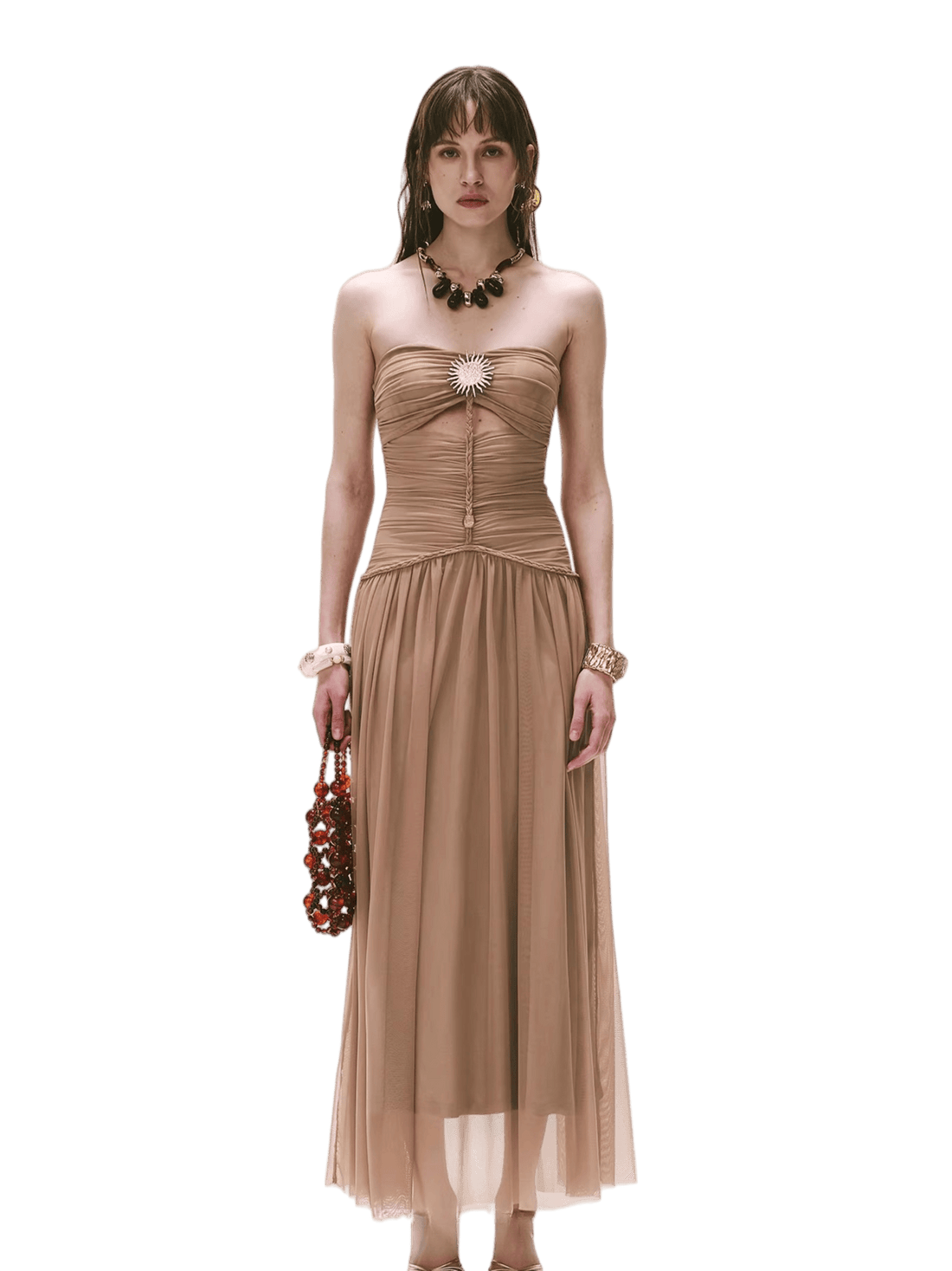 Cool-Goddess Strapless Braided Ruched Maxi Dress