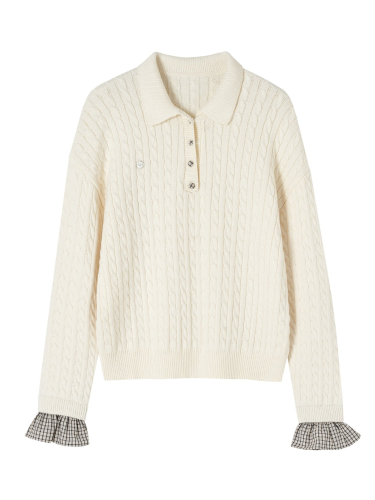 Cable Knit Polo Collar Plaid Splicing Sweater