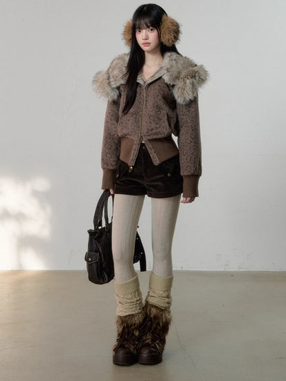 Vintage Leopard Print Faux Fur Hooded Jacket