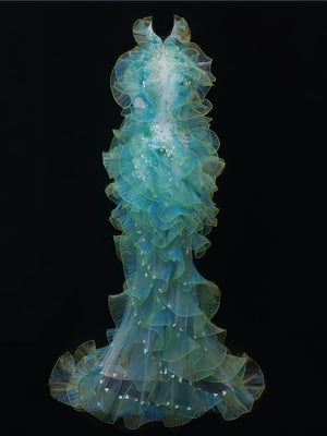 Aqua Ruffle Couture Mermaid Gown