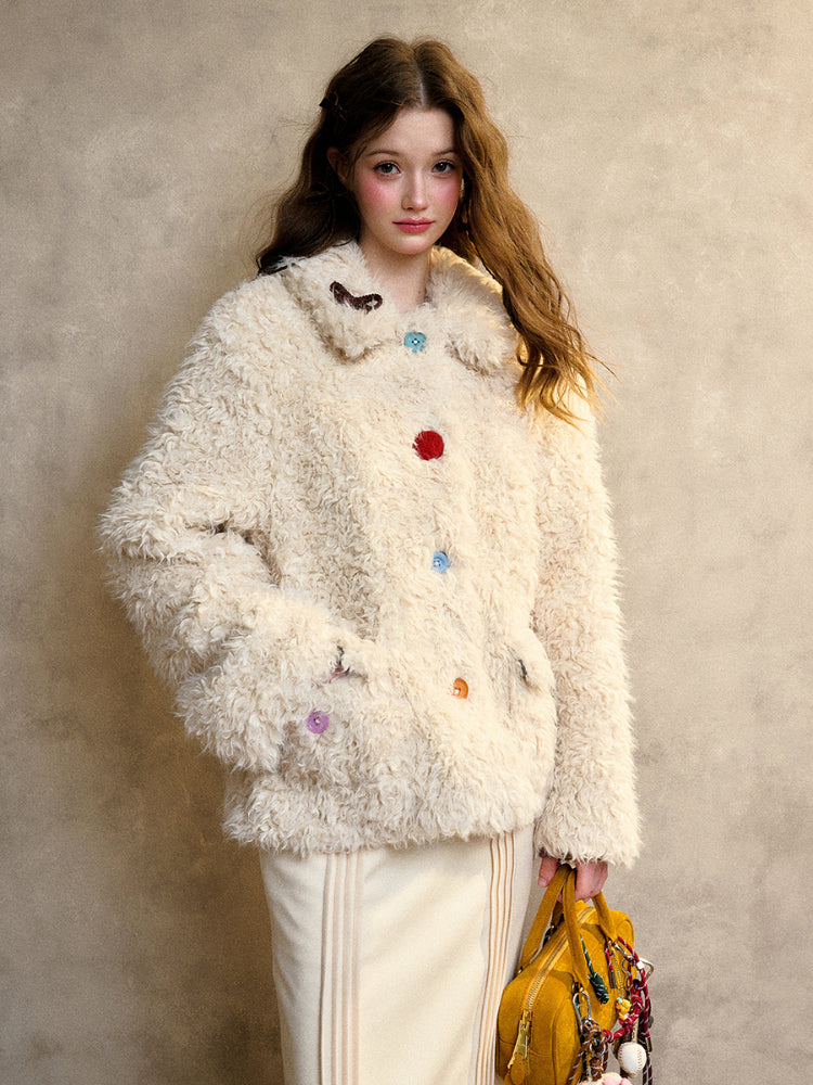 Cream Strawberry Gray-Blue Fur Jacket