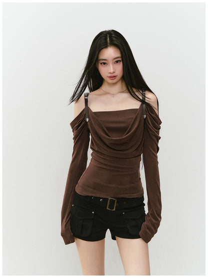 Draped Neck Leather Strap Acetate One-shoulder T-shirt - CHINASQUAD