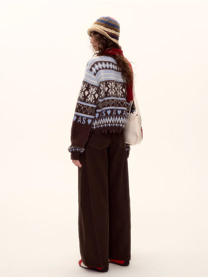 Red Belt Decor Curved-Hem Denim Wide-Leg Jeans