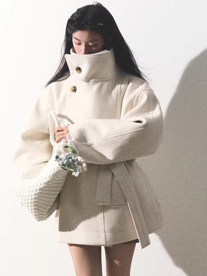 Stand-Collar Wool Short Coat
