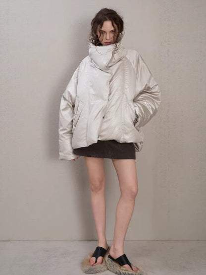 Oversized Leather-Texture Down Jacket