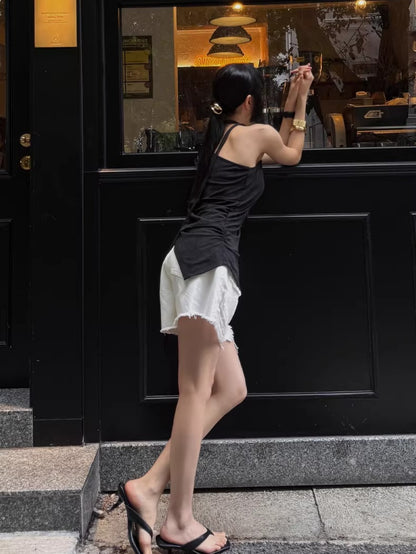 Raw-Hem A-Line Denim Shorts