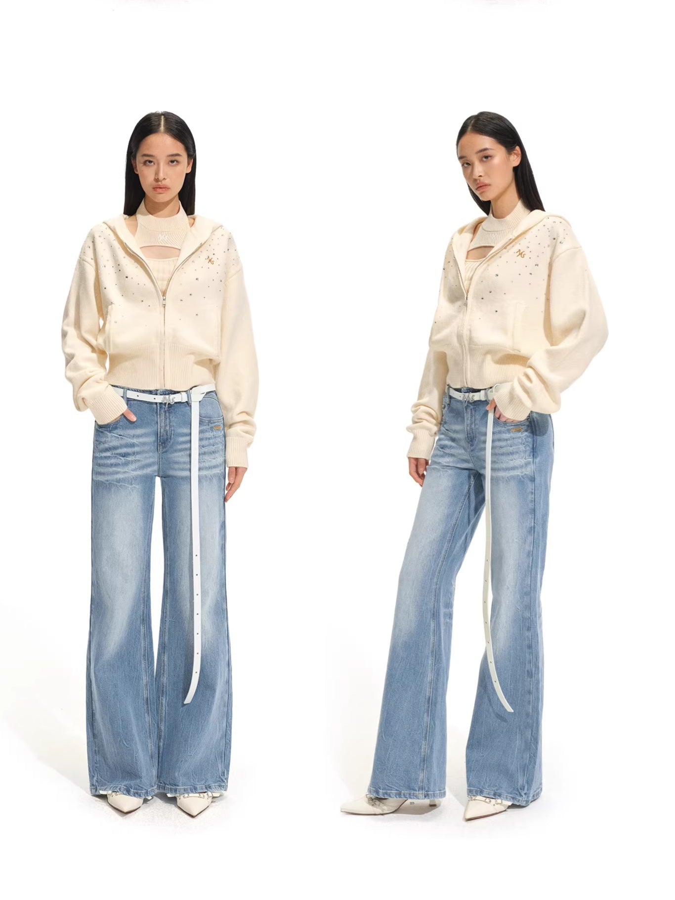 Stardust Gradient Rhinestone Hooded Knit Cardigan