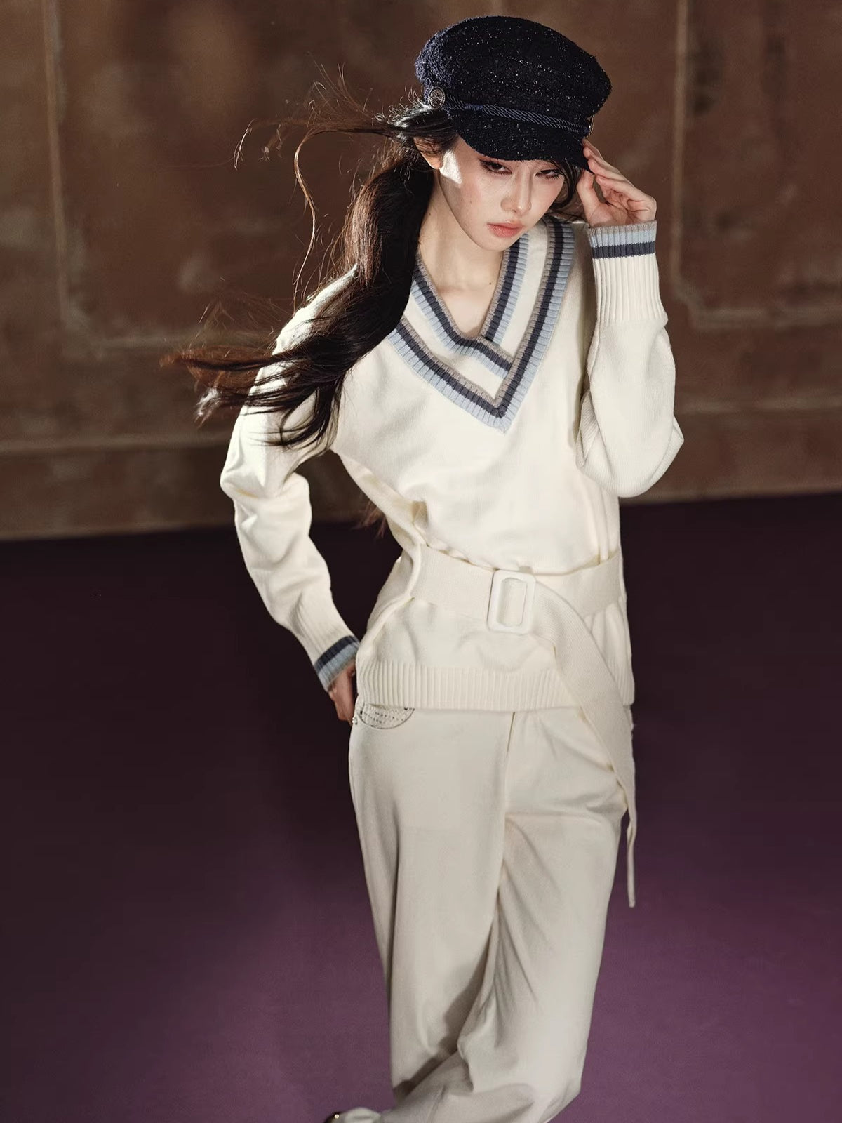 Contrast Double-V Neck Relaxed Knit Sweater