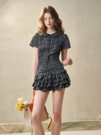 Gray Plaid Doll Collar Lace Waist Shirt &amp; Cami Set