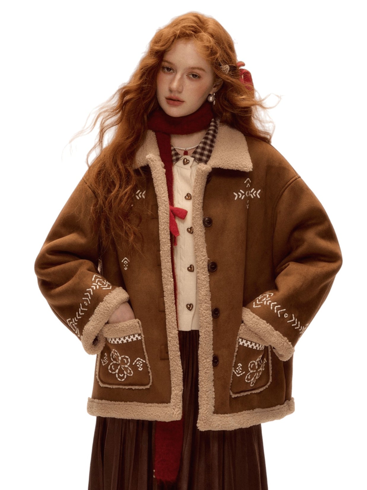 Heavy Embroidered Faux Shearling Suede Jacket
