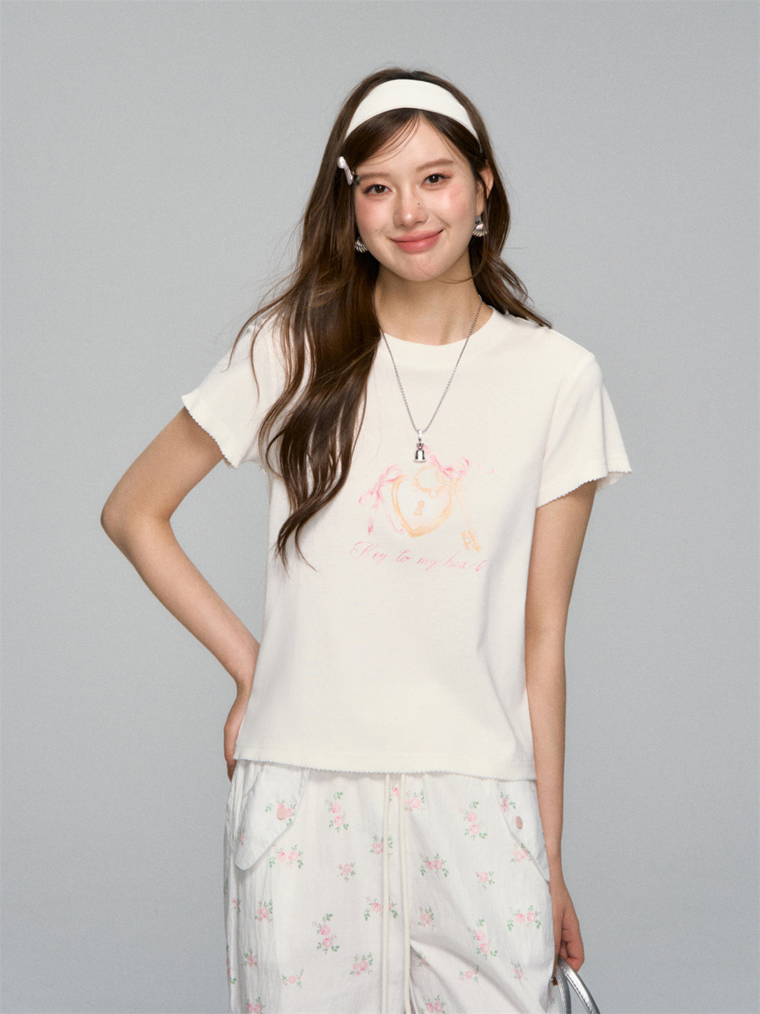 Key Print Contrast-Edge T-shirt