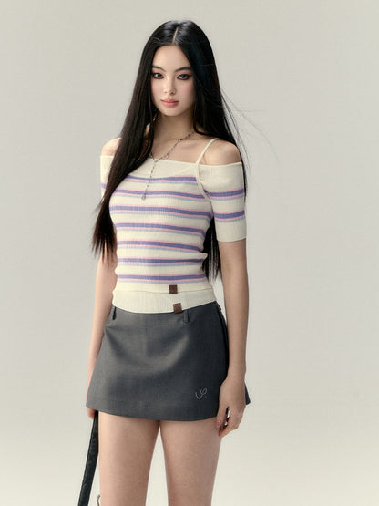 Striped Off-Shoulder Knit Short-Sleeve T-shirt